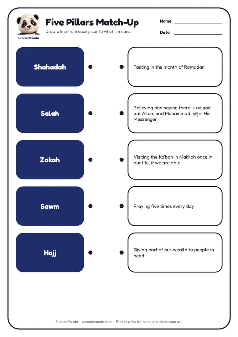 Preview of the Five Pillars Match-Up worksheet